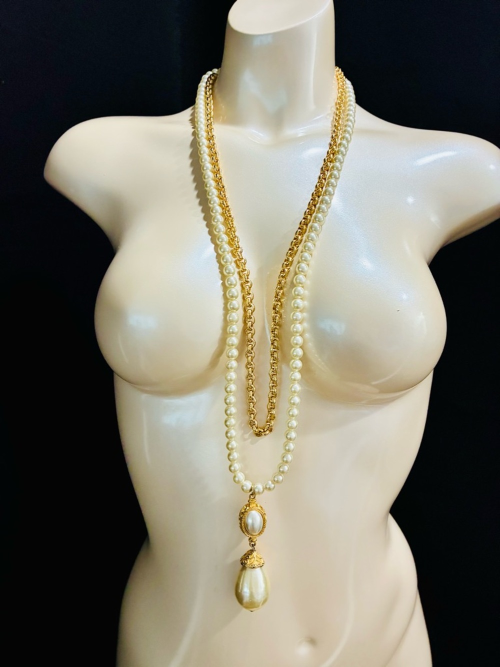 Bold and Chunky Gold and Ivory Pearl Double Strand Pendant Necklace Elegant FUC